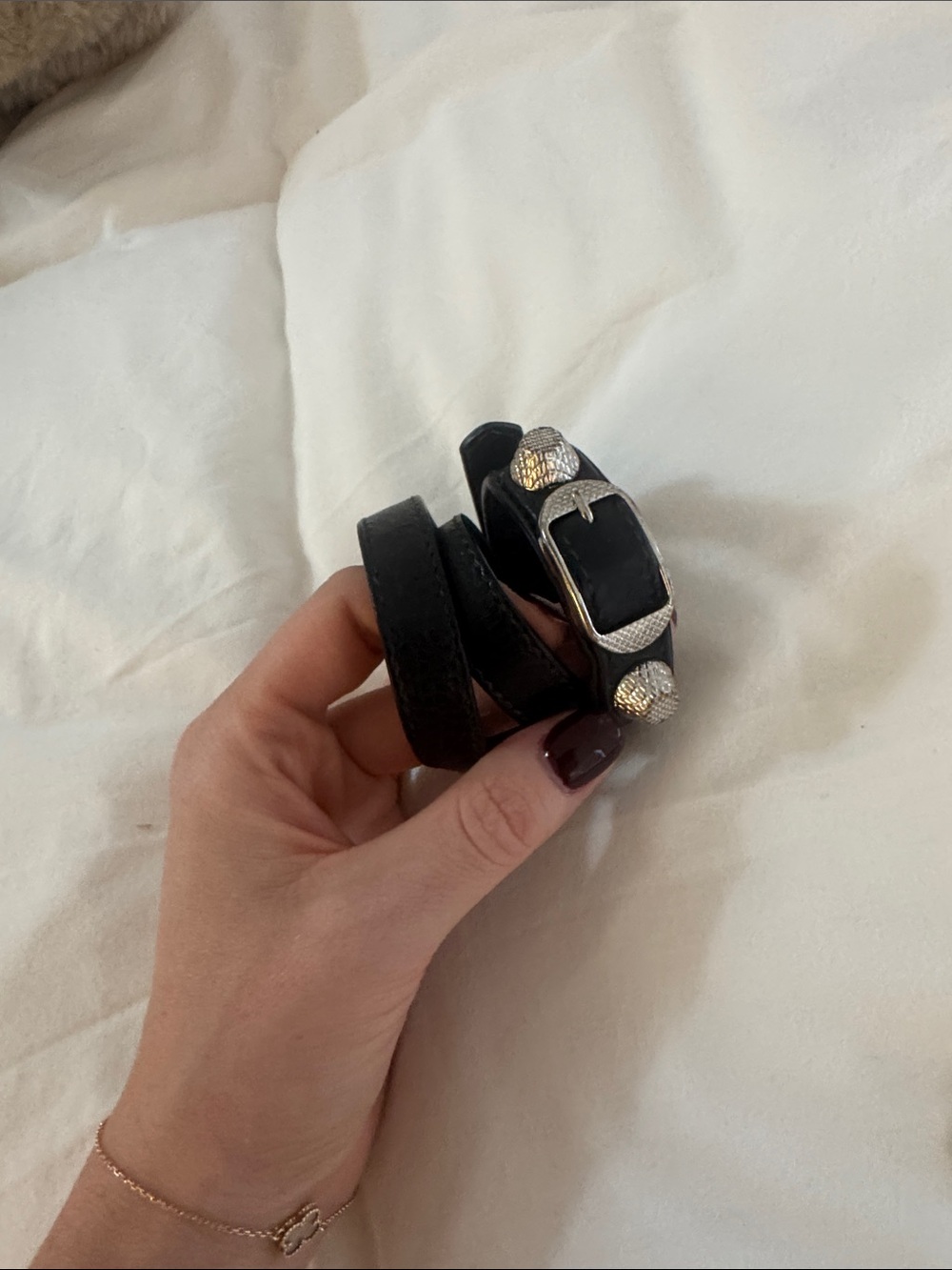 Balenciaga Black Leather Double Wrap Bracelet with Silver Buckle